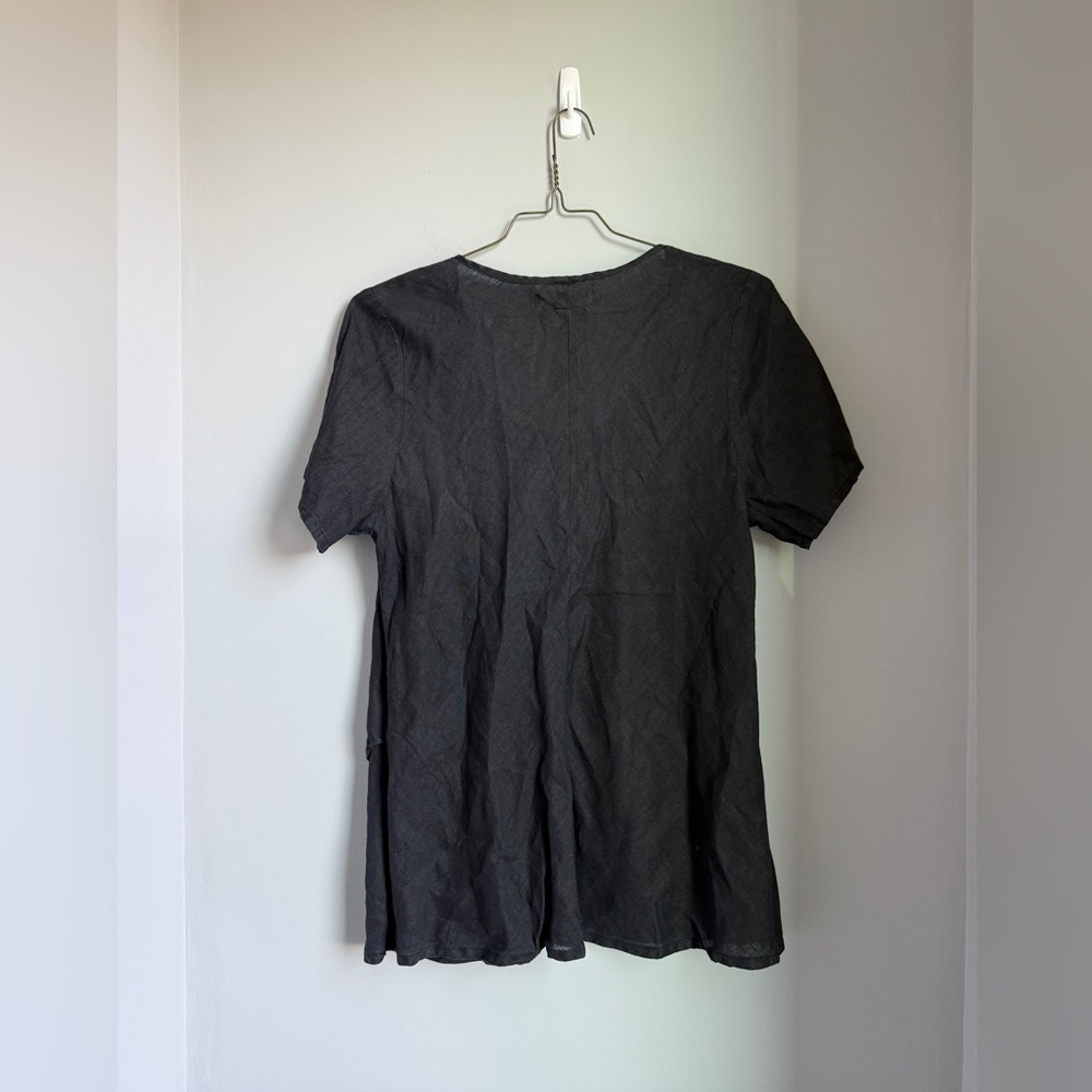 Flax Tunic Top Large 100% Linen Textured Cross Over Hem Short Sleeve Black - Picture 6 of 8